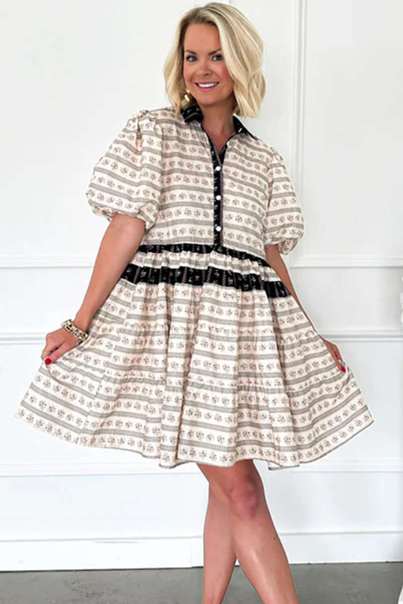 Black Boho Floral Striped Contrast Trim Bubble Sleeve Flared Dress