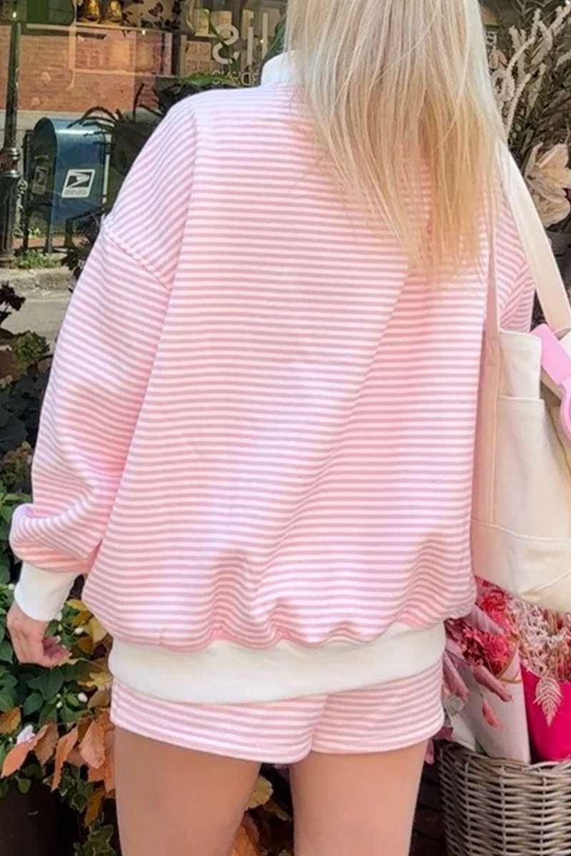 Pink Stripe Oversize Mock Neck Sweatshirt and Shorts Set