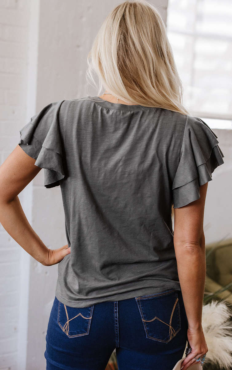 Dark Grey Layered Ruffle Short Sleeve Round Neck Top