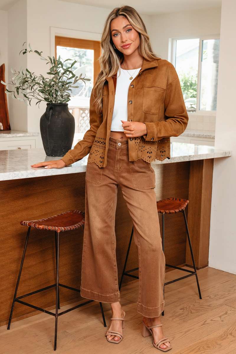 Thai Curry Solid Color Faux Suede Hollowed Detail Retro Style Jacket