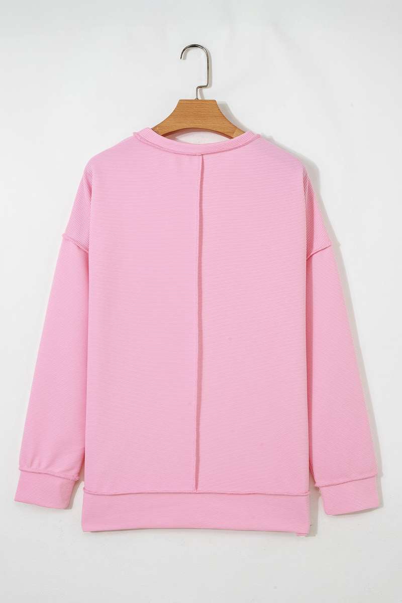 Pink Horizontal Ribbed Exposed Seam Detail Drop Shoulder Baggy Pullover