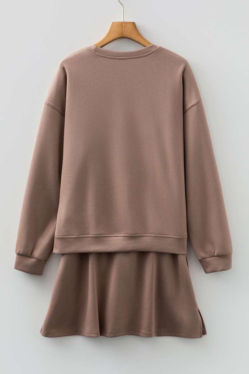 Coffee Solid Color Drop Shoulder Pullover Drawstring Mini Skirt 2pcs Outfit