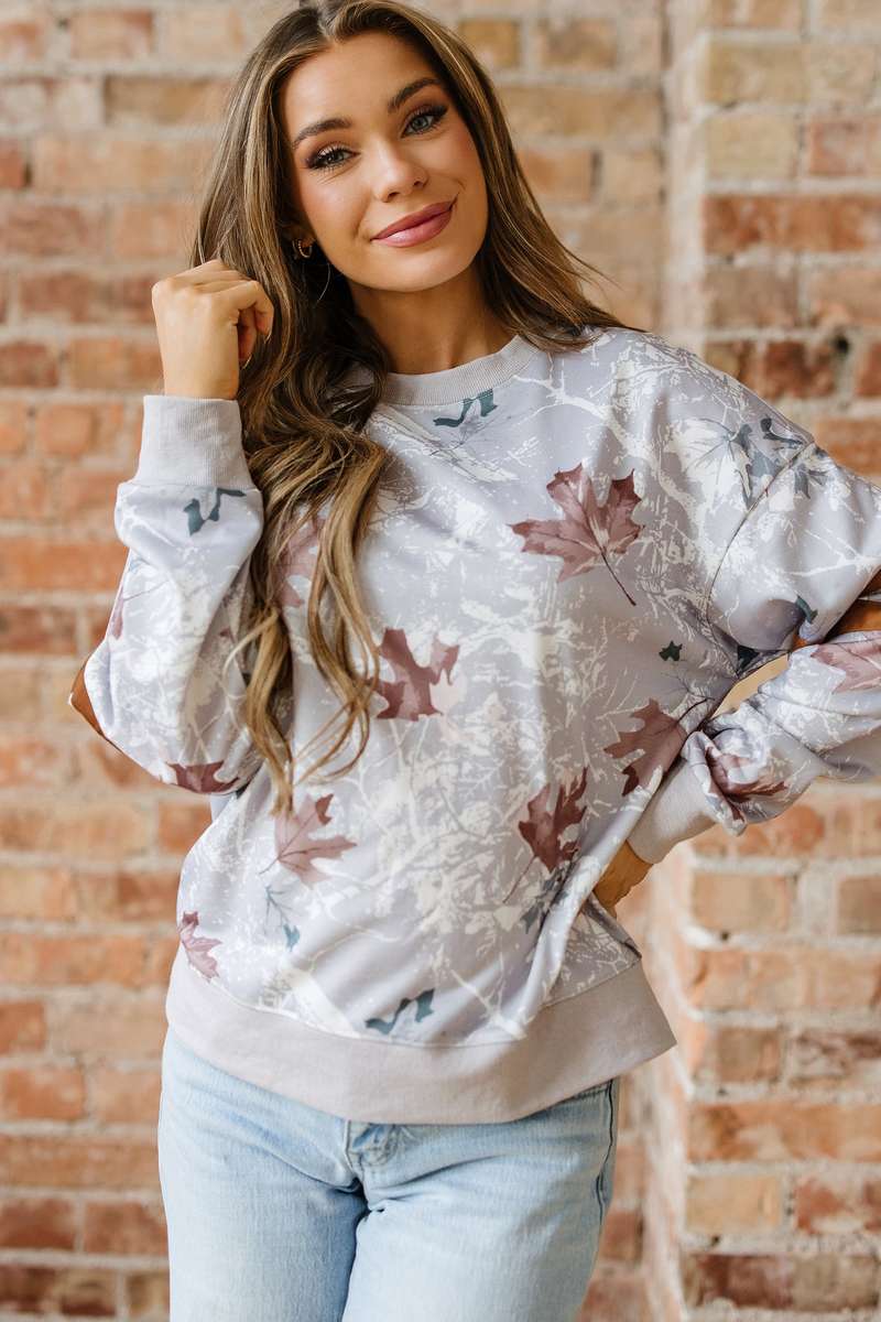 Gray Maple Leaf Camo Print Varsity Striped Sleeve Casual Sweatshirt