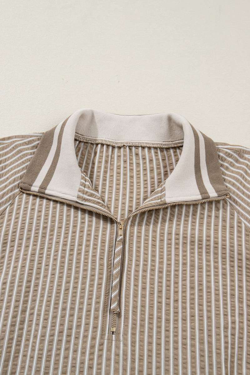 Khaki Stripe Zip up Collared Puff Sleeve Ruffled Plus Size Mini Dress