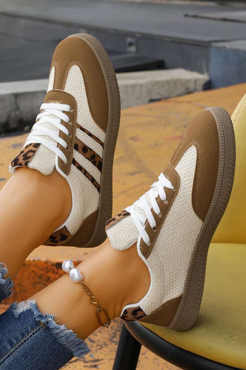 Coffee Color Block Leopard Patchwork Lace-up Flat Shoes