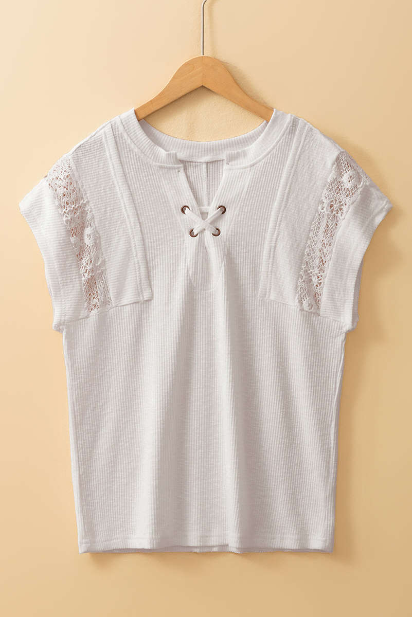 White Ribbed Texture Lace Patchwork Short Sleeve Top