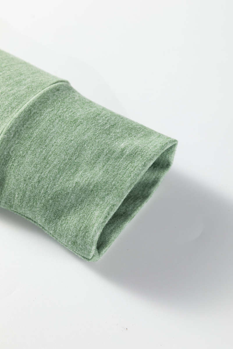Smoke Green Notched Neck Terry Raw Hem Long Sleeve Top