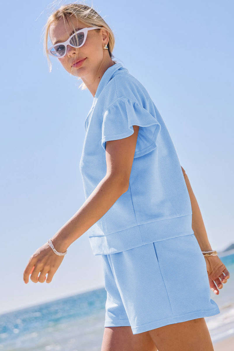 Beau Blue Ribbed Texture Half Zip Ruffled Short Sleeve Top and Shorts Set