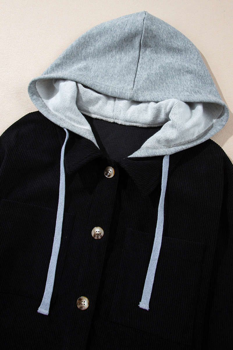 Black Hooded Drawstring Pockets Corduroy Shacket