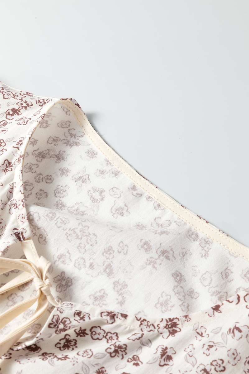 White Bow Tie Front Floral Print Flounce Sleeve Peplum Blouse