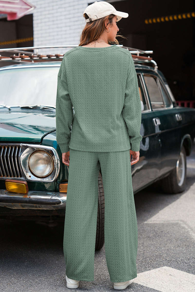 Smoke Green Textured Round Neck Sweatshirt & Loose Drawstring High Waist Pant Set
