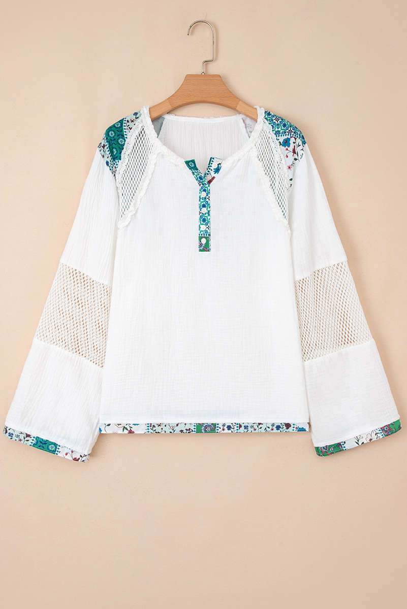 White Plant Mesh Patched Color Block Half Button Blouse