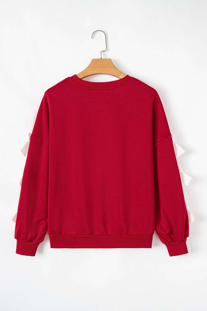 Fiery Red Contrast Bow Decor Dropped Sleeve Crewneck Sweatshirt