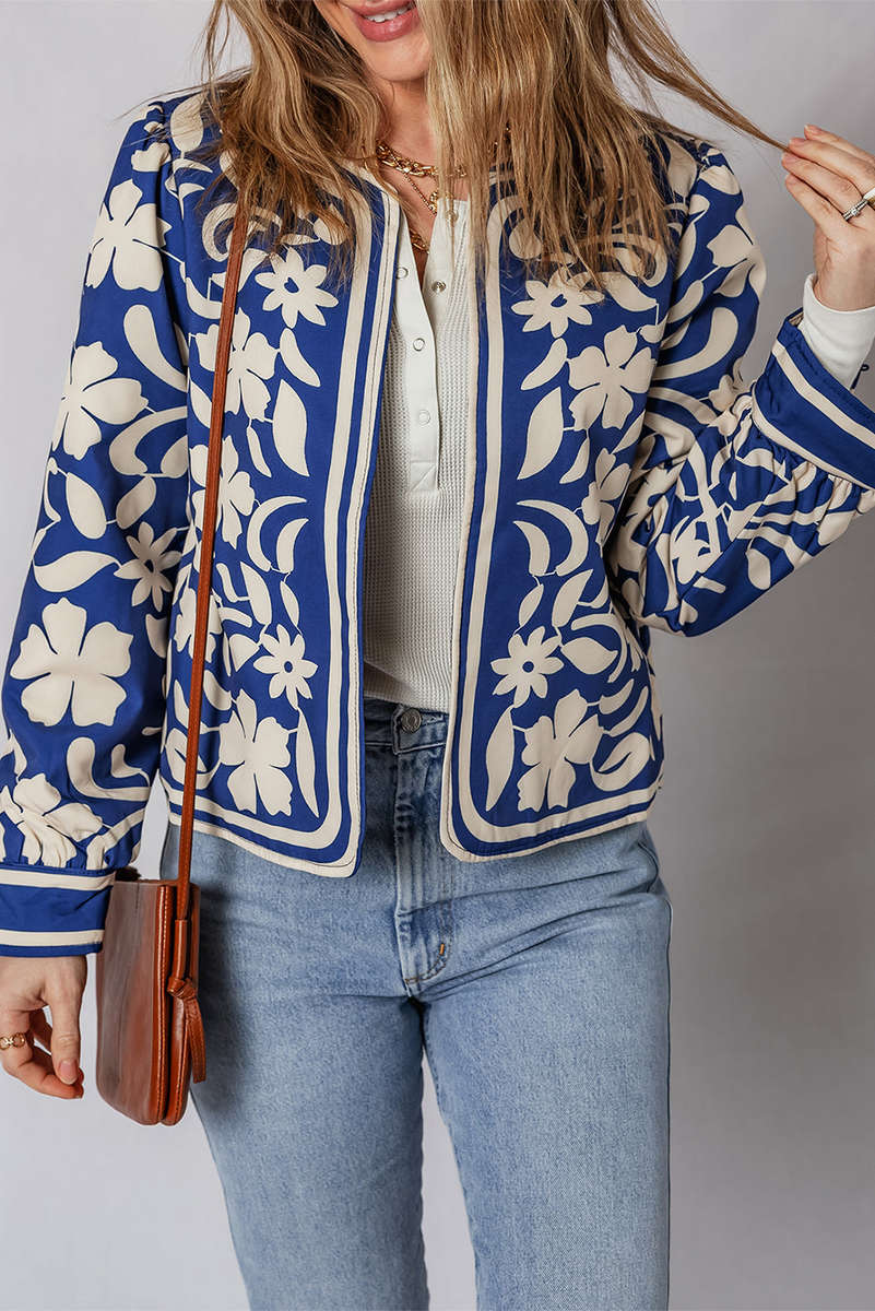 Blue Flower Print Open Front Buttoned Cuffs Elegant Jacket