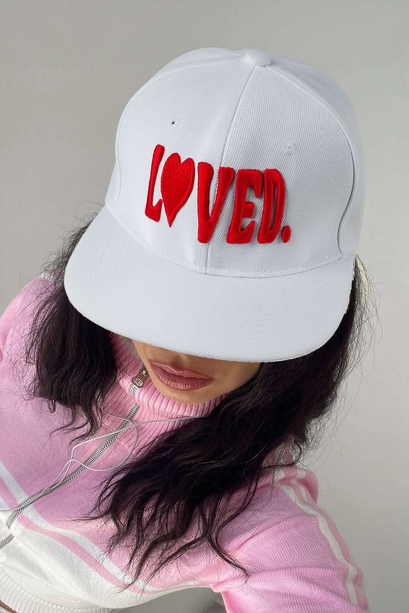 White LOVED Custom Embroidered Valentines Day Baseball Cap