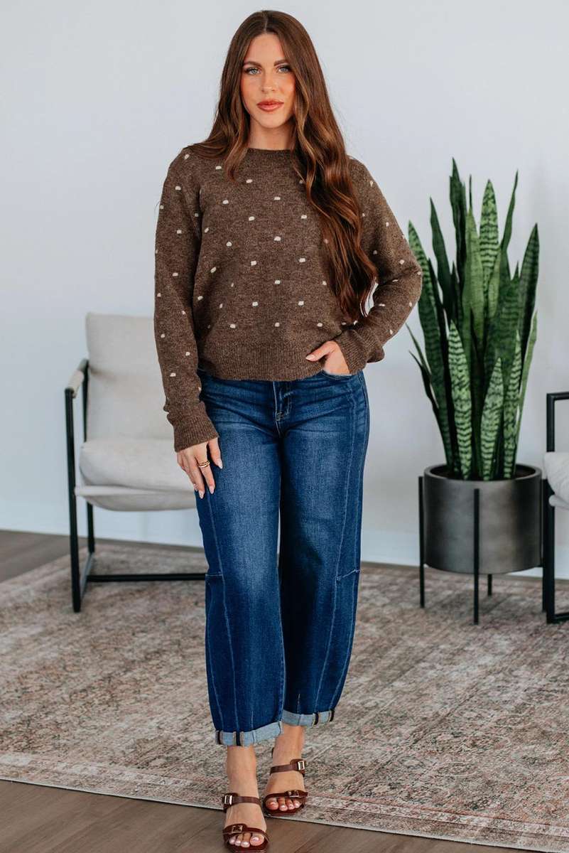 Coffee Dotted Print Ribbed Edge Knit Sweater