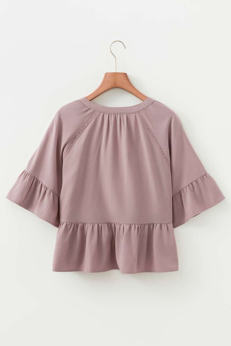Sepia Rose Slit V Neck Ruffled Loose Blouse