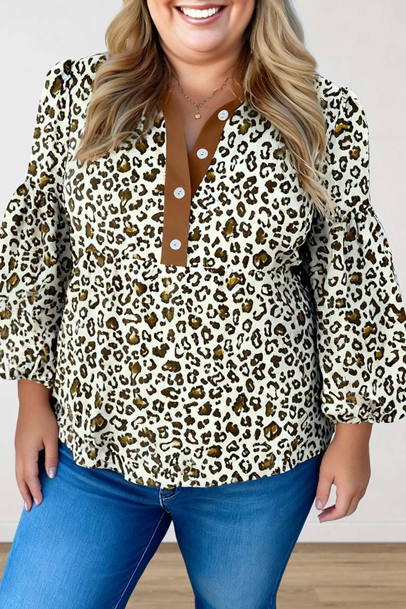Khaki Plus Size Buttoned Contrast Trim Puff Sleeve Leopard Print Blouse