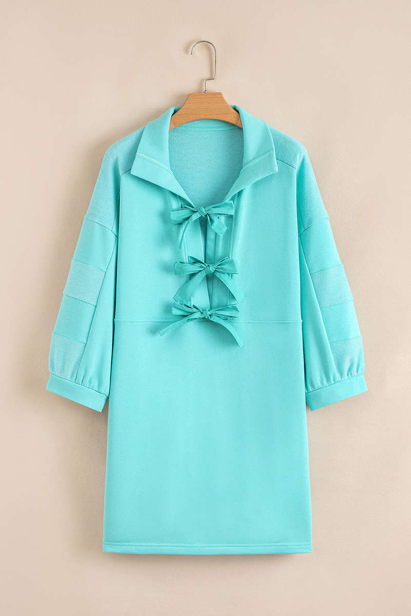 Moonlight Jade Bow Front Bracelet Sleeve Collared Side Pocket Shift Mini Dress