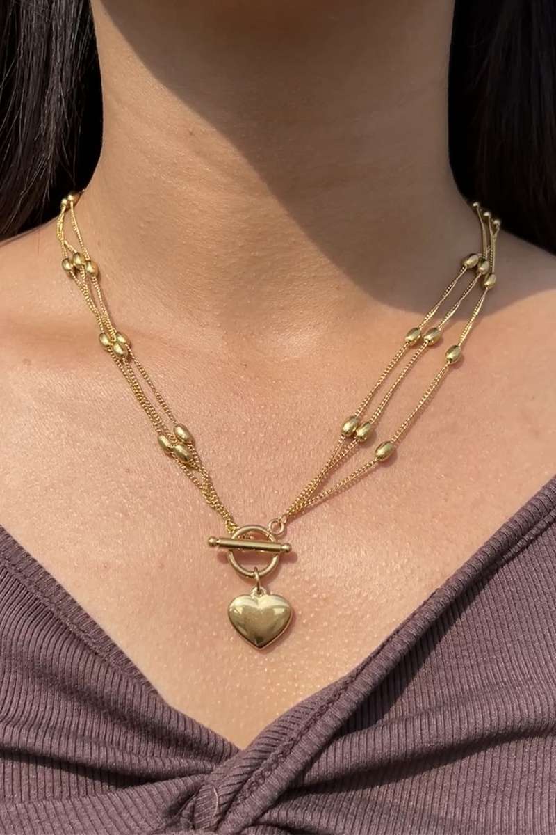 Gold Heart Toggle Charm Beaded Chain Triple Layered Necklace