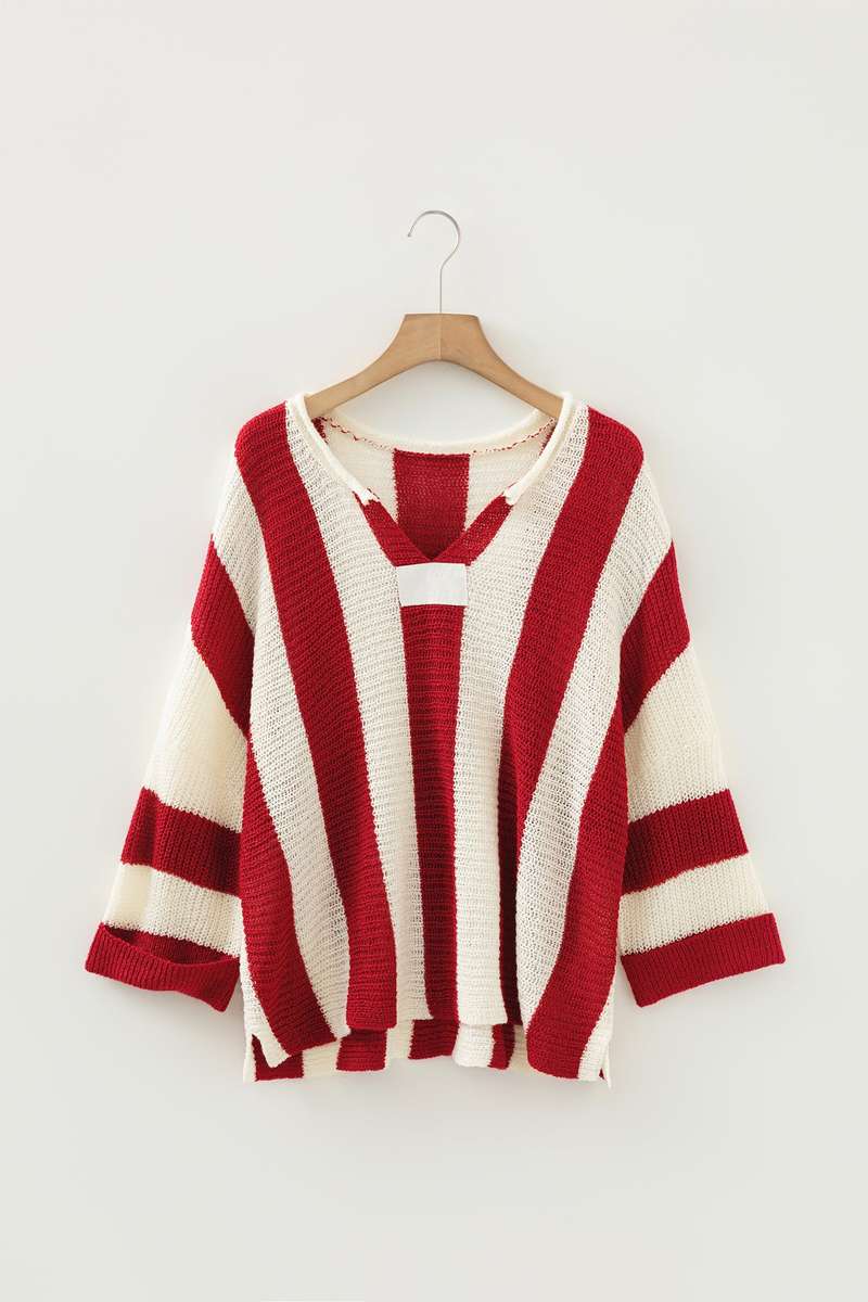 Red Stripe Colorblock V Neck Bracelet Sleeve Sweater