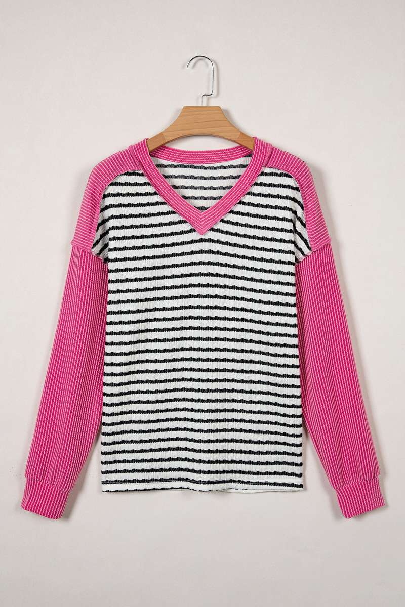 Black Stripe Textured Knit Twisted Rib Contrast Patchwork V Neck Long Sleeve Top