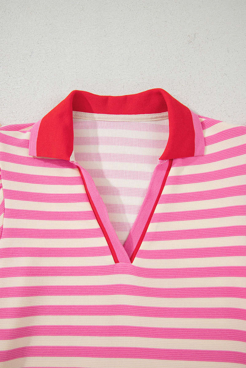 Sachet Pink Stripe Print Contrast Collar Split Neck Flutter Sleeve Short Dress