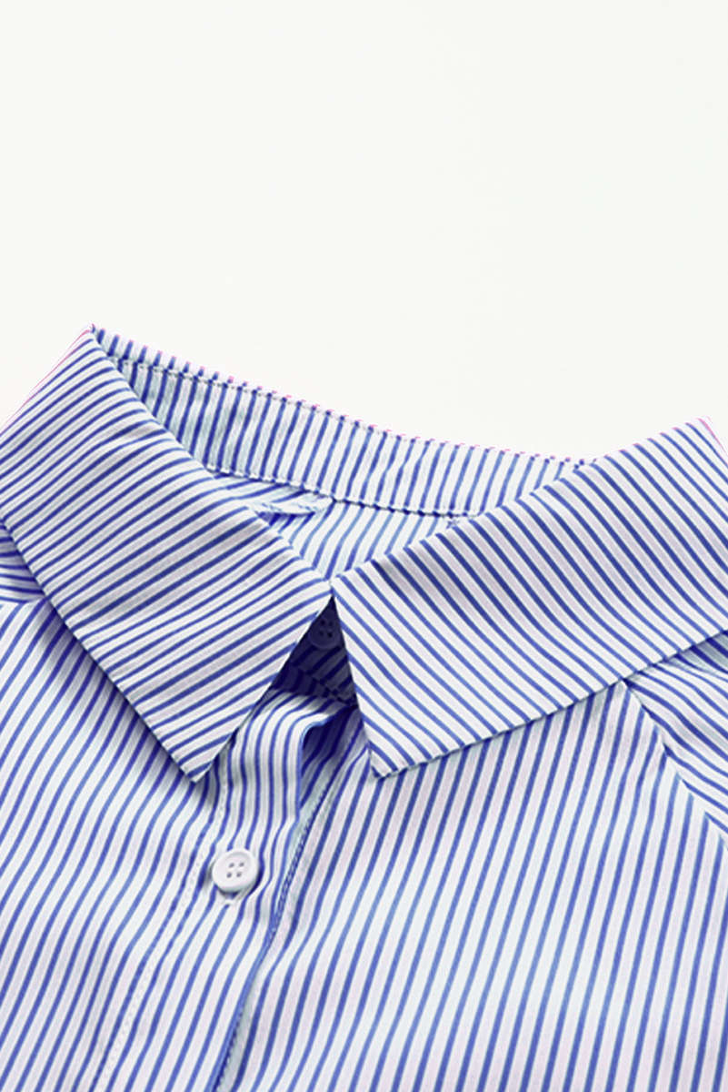 Blue Stripe Smocked Cuffed Striped Boyfriend Shirt with Pocket