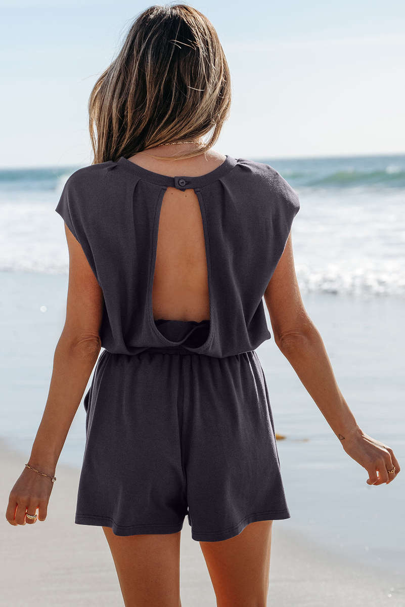 Bristol Black Knit Open Back Cap Sleeve Drawstring Elastic Waistband Romper