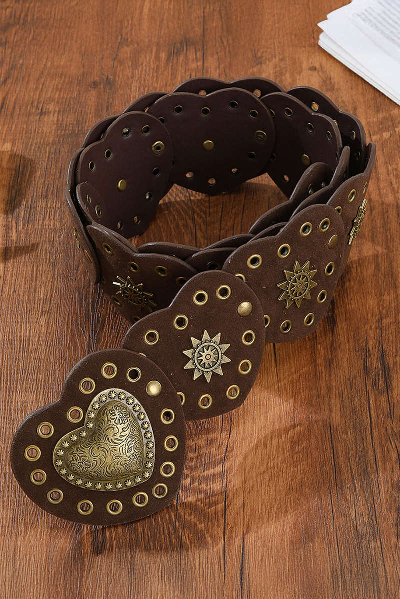 Coffee Bohemian Vintage Bronze Detail Heart Connected PU Belt