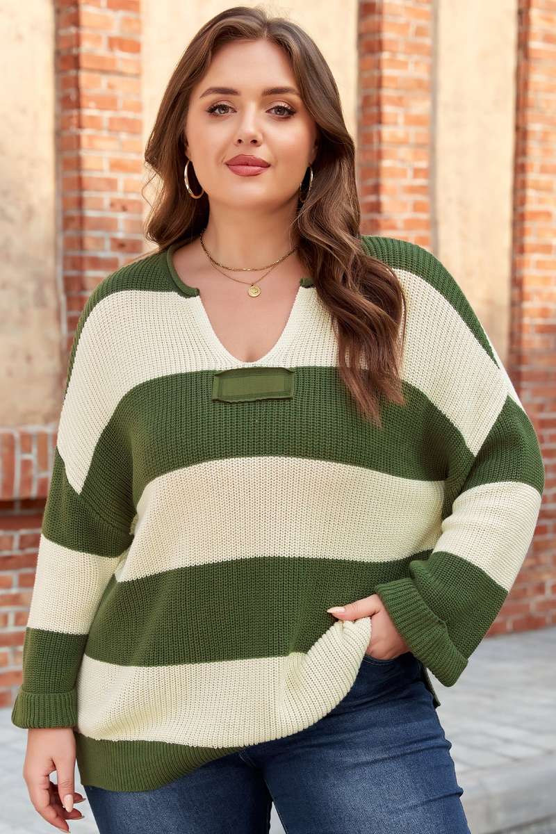 Green Stripe Colorblock Notched Neck Plus Size Sweater