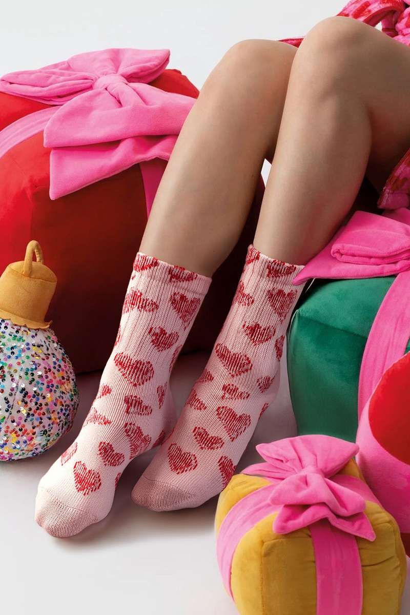 Pink Vintage Heart Pattern Combed Cotton Socks