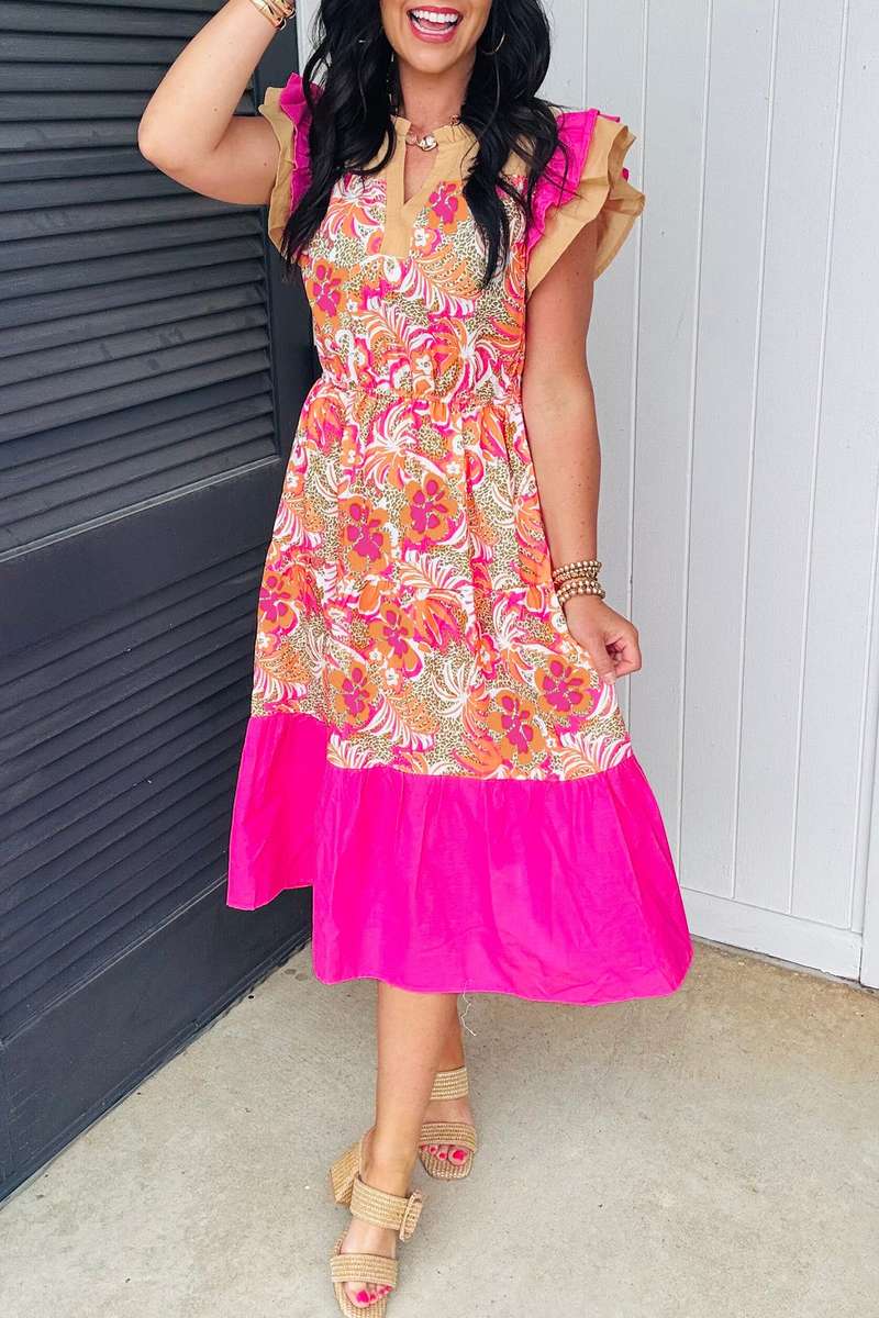Rose Floral Print Color Block Ruffled Short Sleeve Flared Midi Dress