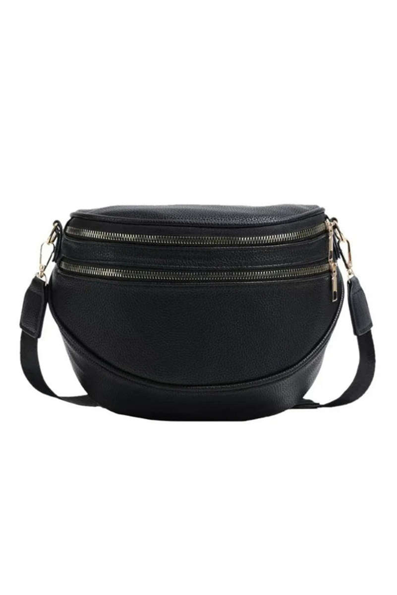 Black Double Zip Faux Leather Crossbody Bag