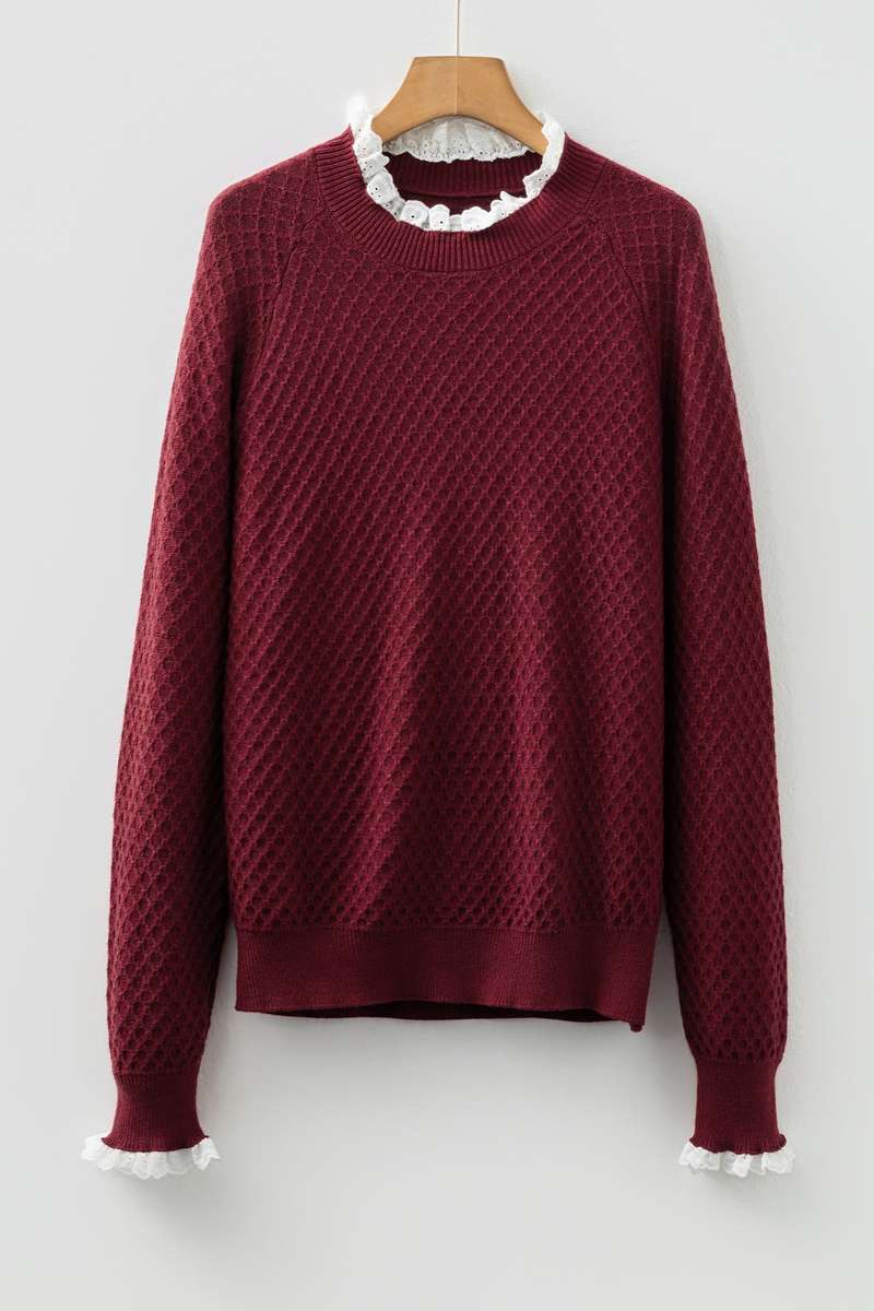 Burgundy  Contrast Lace Frilled Trim Raglan Sleeve Sweater
