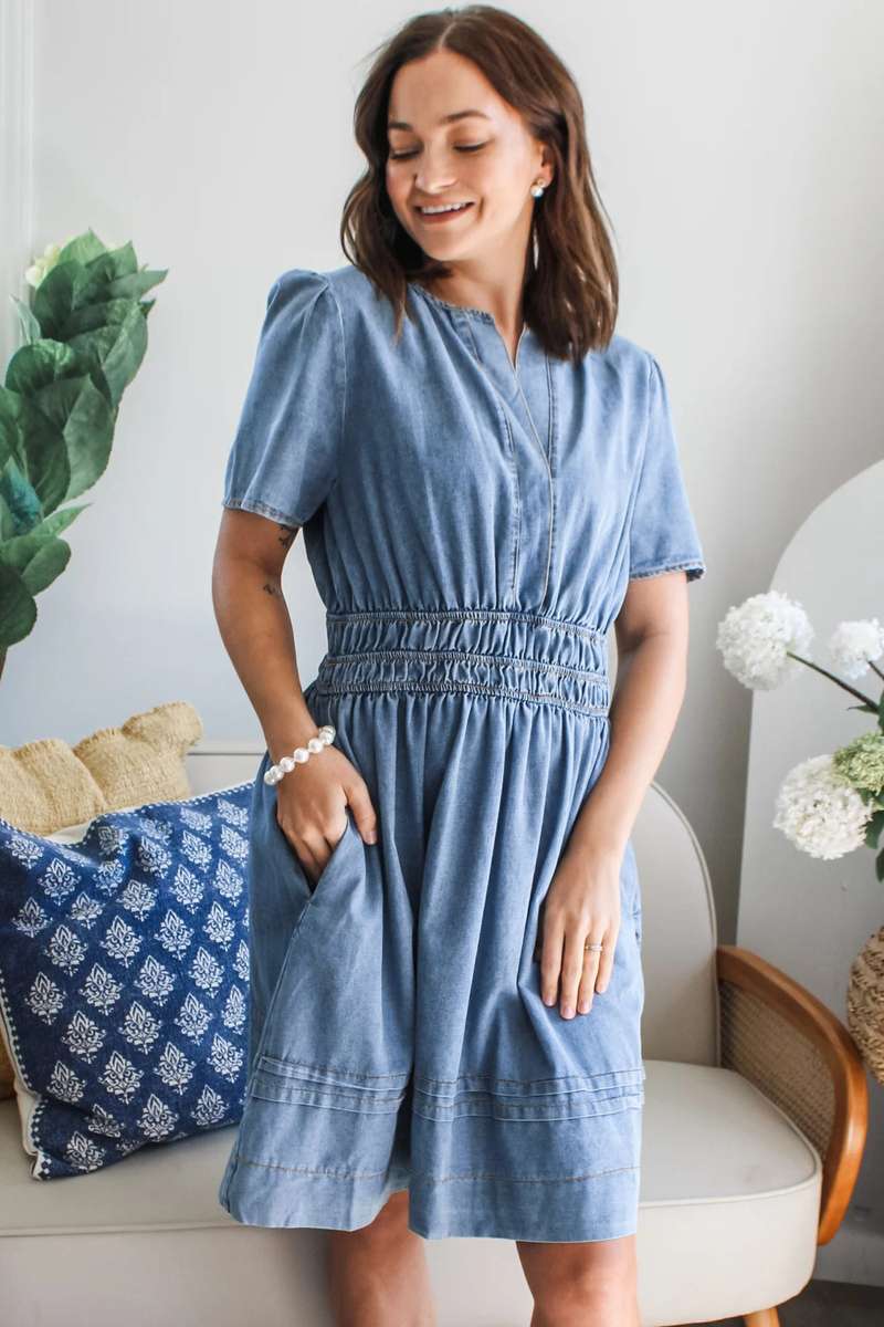 Myosotis Elastic Waist Short Sleeve Denim Mini Dress