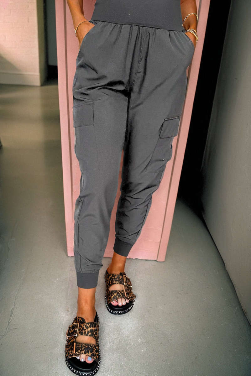 Medium Grey Elastic High Waist Pocketed Cargo Jogger Pants