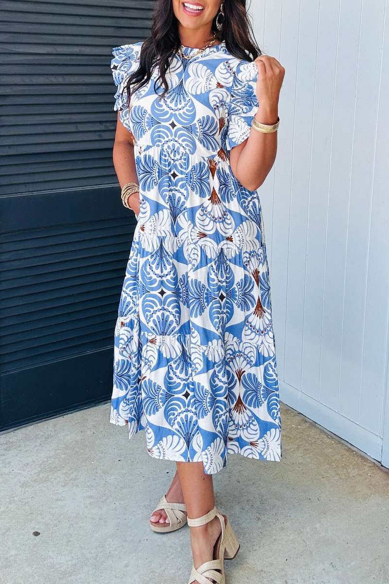 Sky Blue Tropical Botanic Print Flutter Sleeve Vacation Long Dress