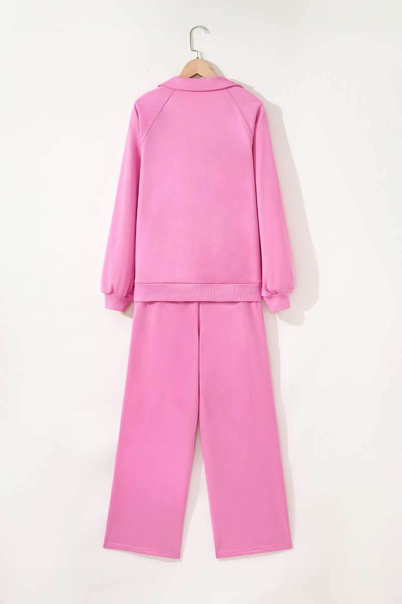 Bright Pink Polo Collar V Neck Pullover and Drawstring Sweatpants Set