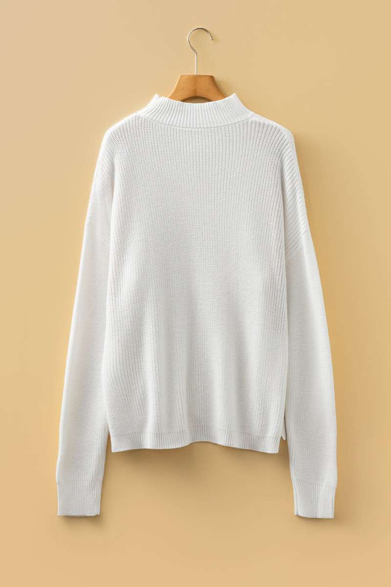 White Mix Texture Patchwork Contrast Stitch Mock Neck Sweater