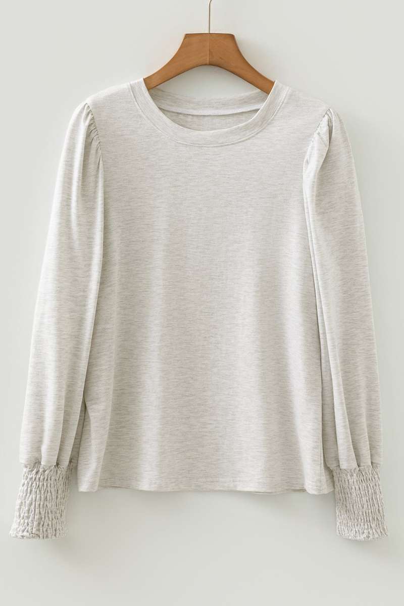 Oatmeal Shirred Cuffs Puff Sleeve Peasant Top