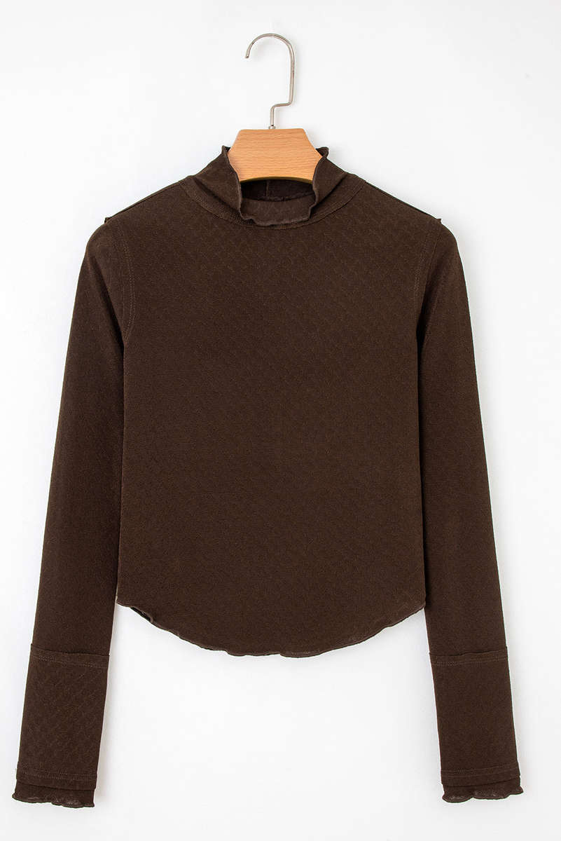 Cinnamon Lettuce Trim Raw Seam Patchwork Jacquard Long Sleeve Top