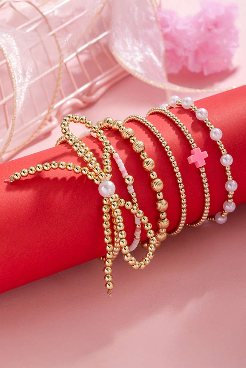 Gold Bow Knot Pearl Decor Beaded Plated Layered Bracelet