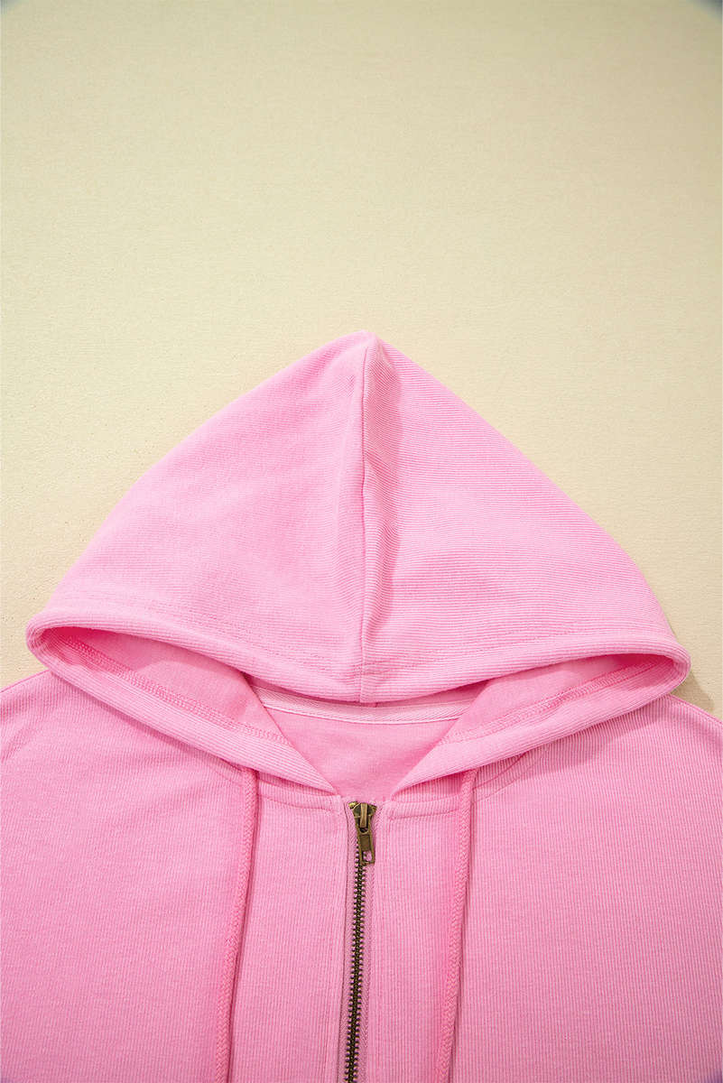 Sachet Pink Solid Color Ribbed Zip Up Drawstring Hooded Jacket