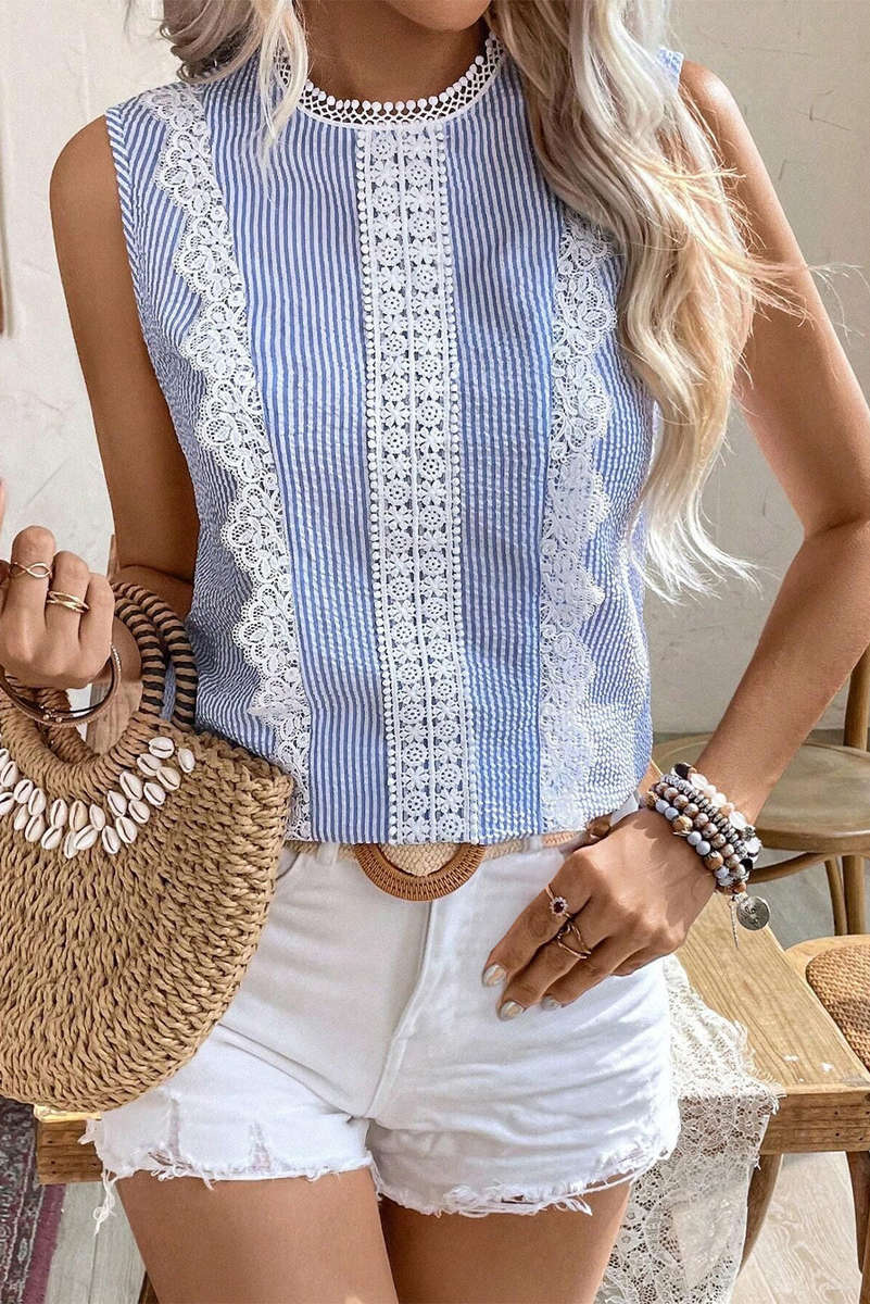 Sky Blue Stripe Lace Patchwork Crew Neck Tank Top