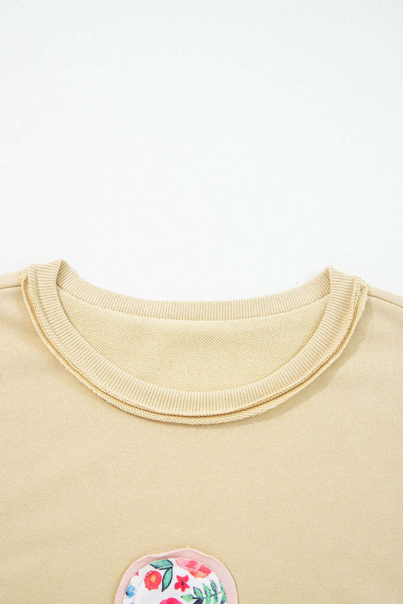 Pale Khaki Floral Applique Baggy Pullover Sweatshirt