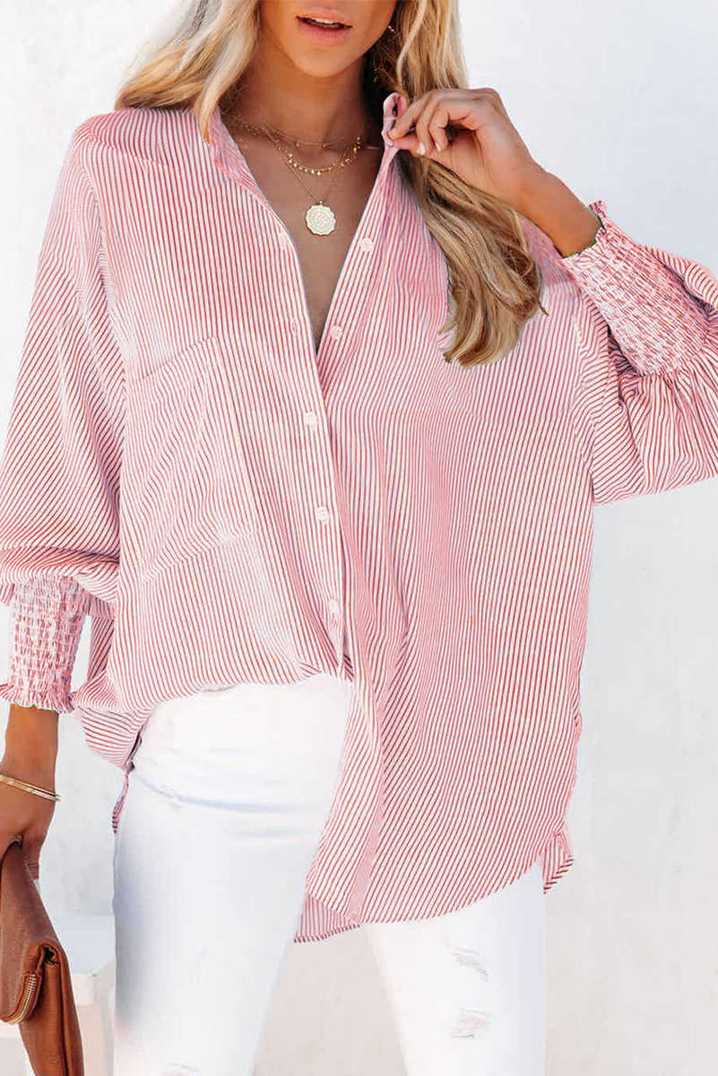 Red Stripe Smocked Cuffed Striped Boyfriend Shirt with Pocket