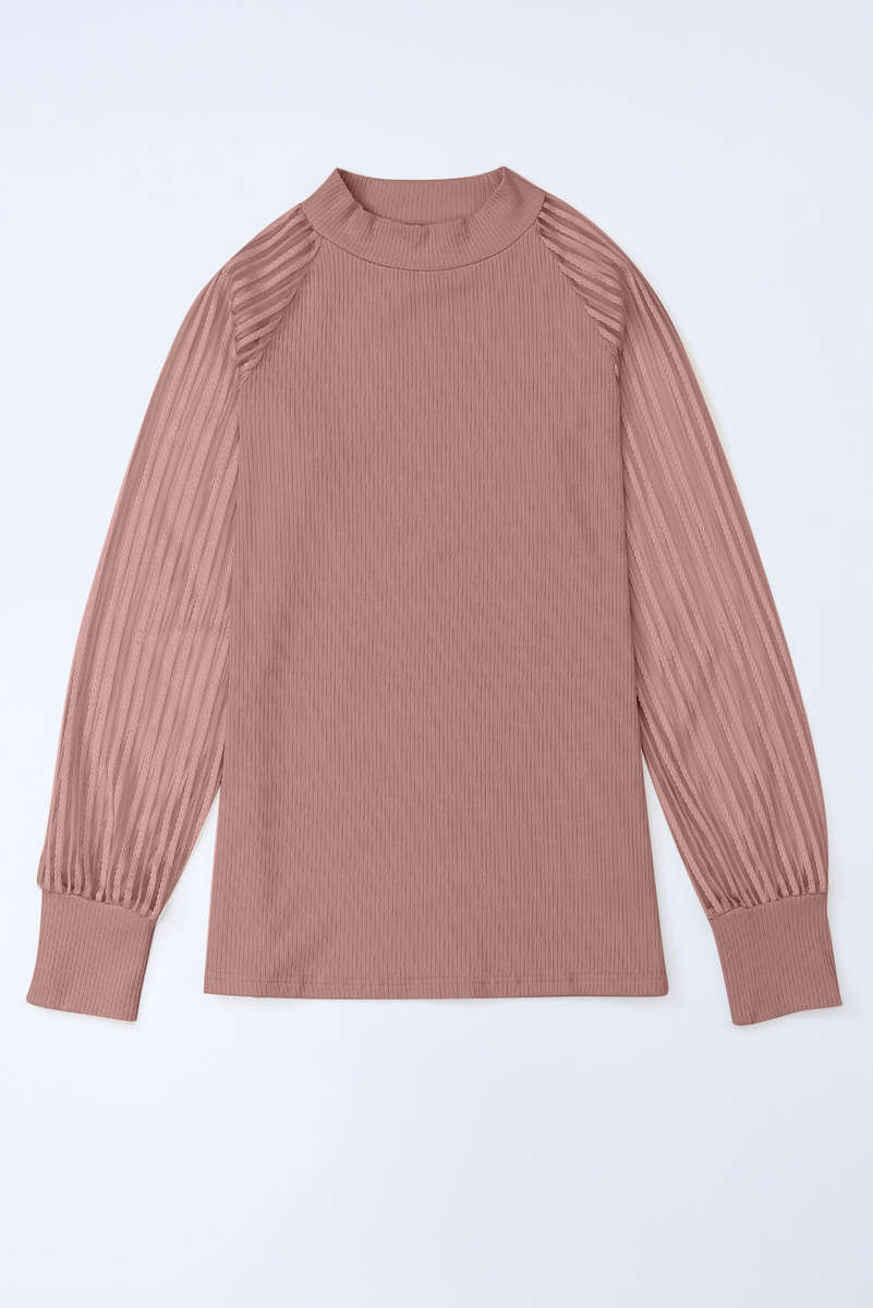 Pink Black Striped Mesh Long Sleeve Crewneck Ribbed Top