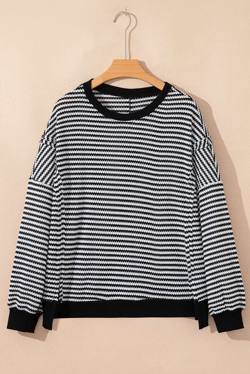 Black Stripe Ribbed Trim Drop Shoulder Long Sleeve Oversize Top