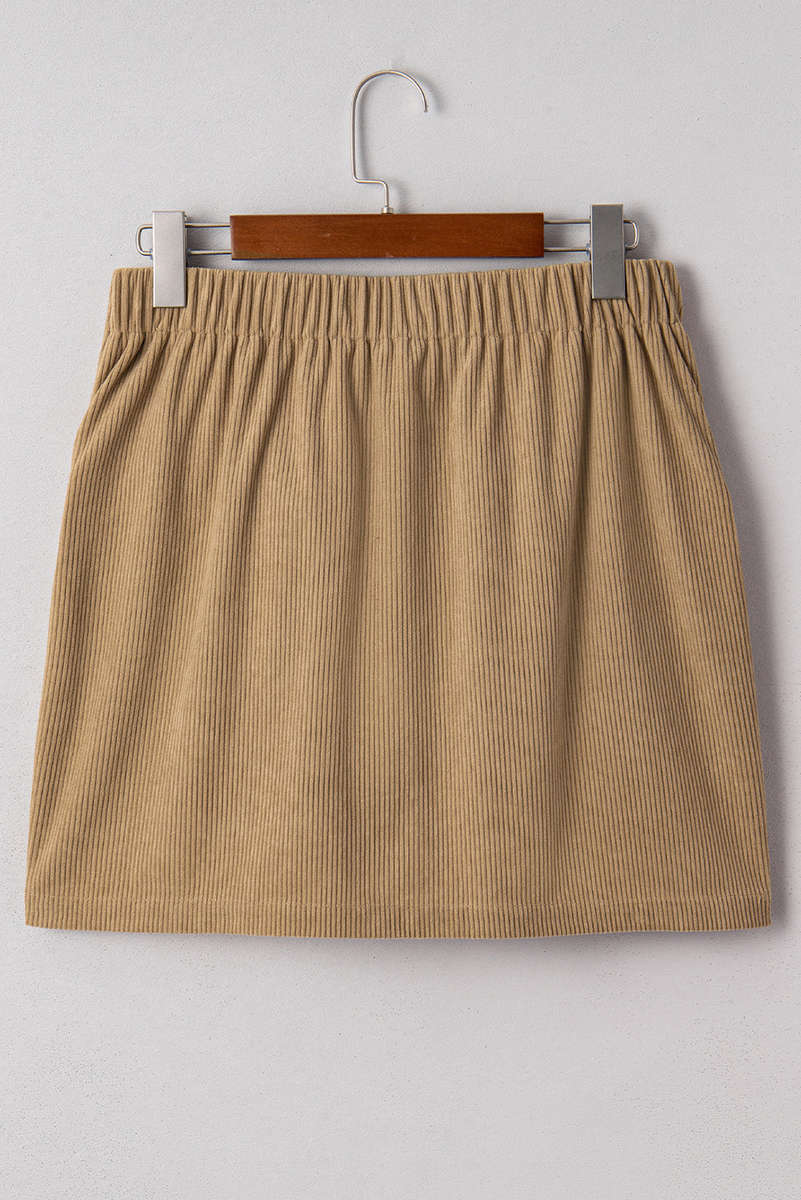 Camel Corduroy Buttoned Front Faux Pockets Mini Skirt